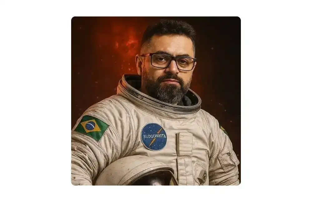 Senna Ricarte, o Blogonauta, de traje espacial com capacete sob o braço