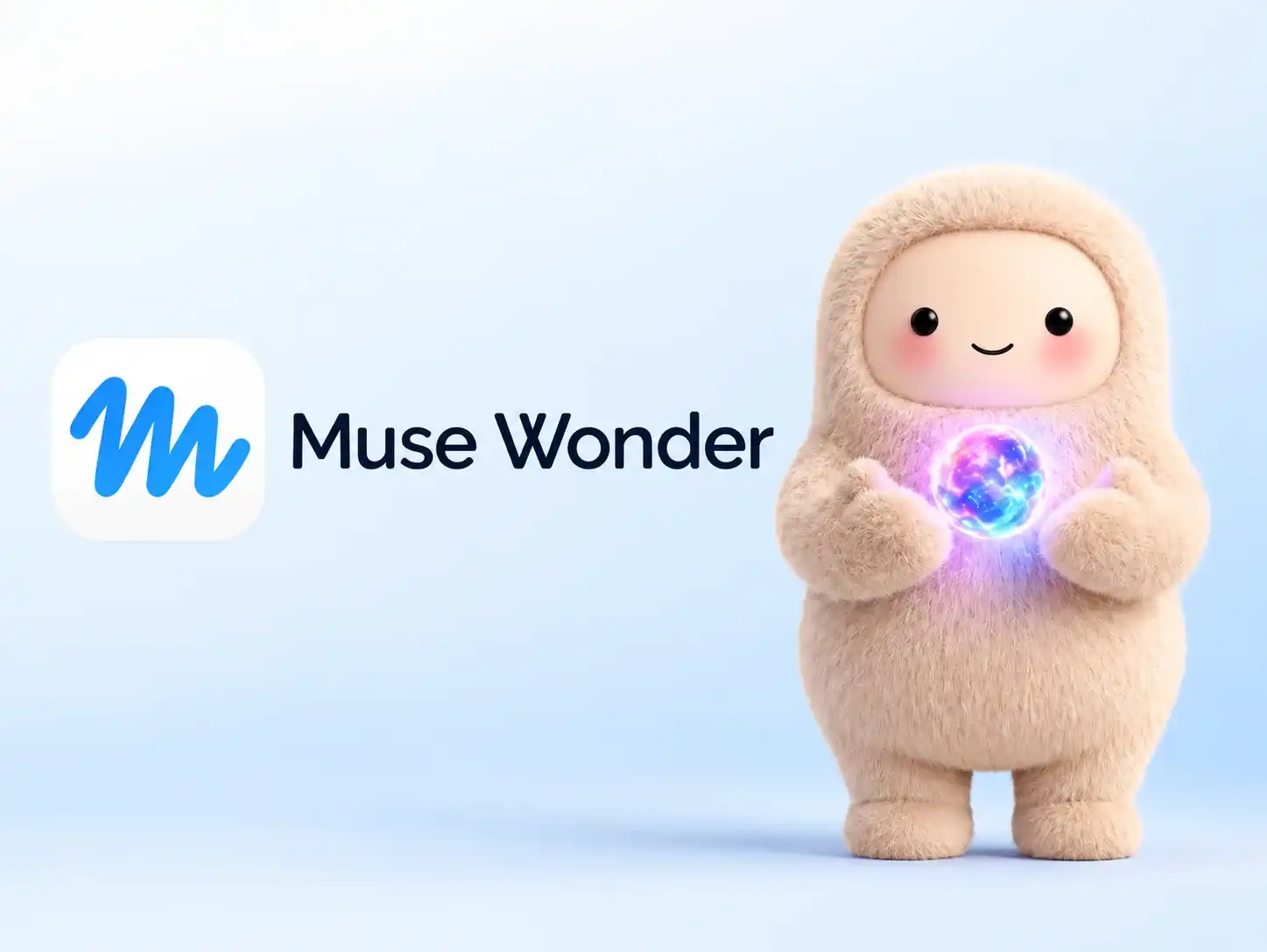 Ícone azul com um M desenhado à mão ao lado do texto "Muse Wonder" e, à direita, um personagem fofo e peludo cor de bege segurando uma esfera luminosa roxa e azul, sobre fundo azul claro