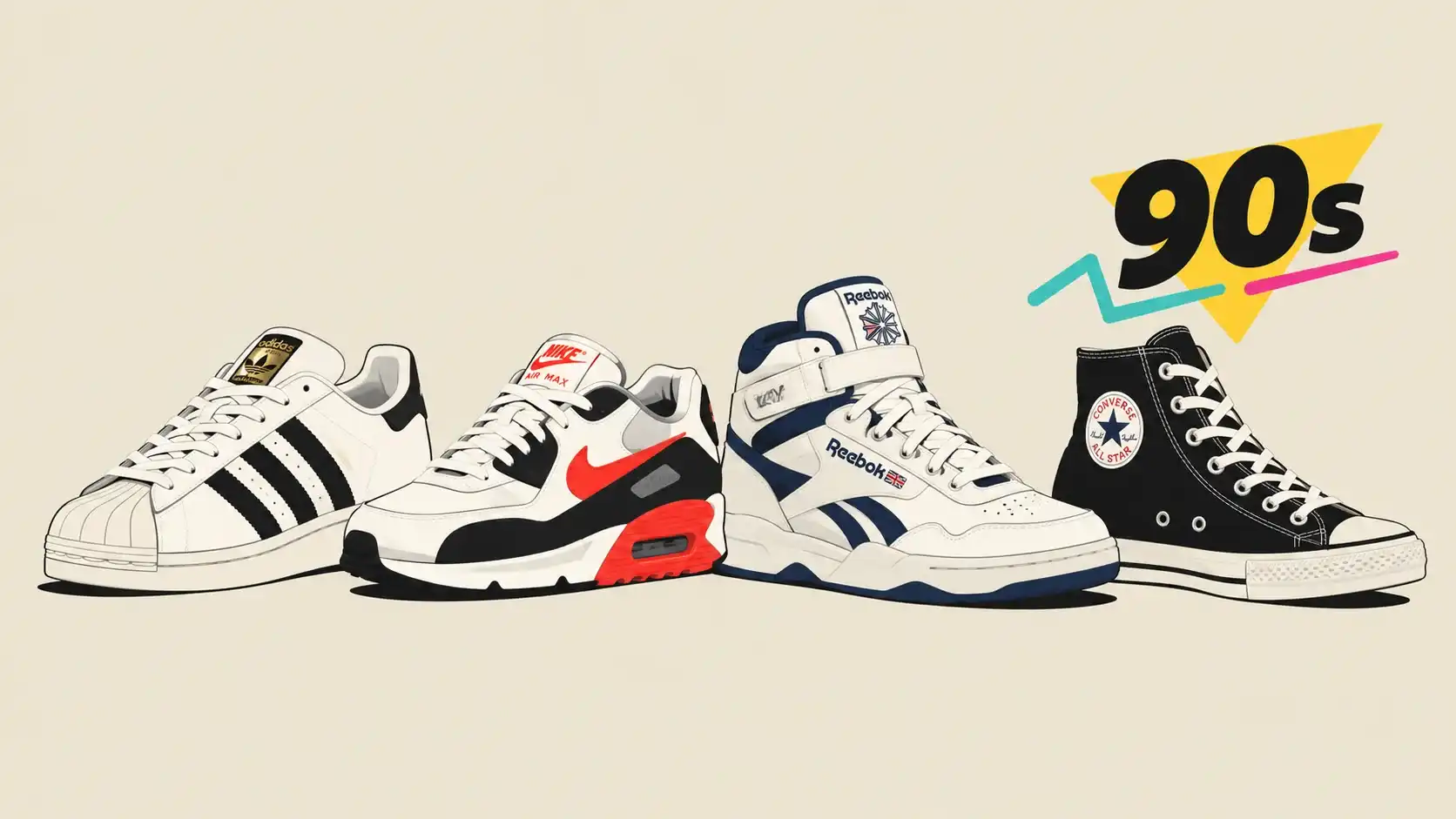 Ilustração de quatro tênis clássicos dos anos 90, das marcas Adidas, Nike, Reebok e Converse, ao lado do texto "90s"