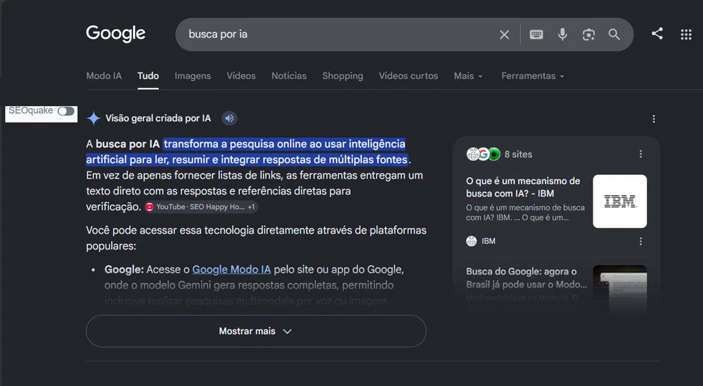 AI Overview do Google respondendo à busca 'busca por ia' com resumo gerado por IA